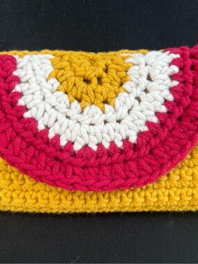 Handmade Crocheted Sunglasses case in Mustard with Pink & White Accent